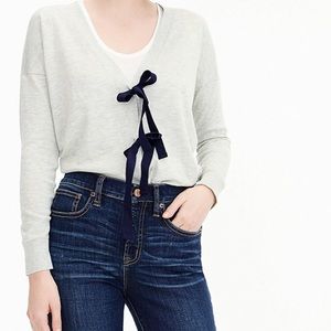 J Crew Tie Front Cardigan Sweater Bows Ribbons Balletcore Light Grey Navy